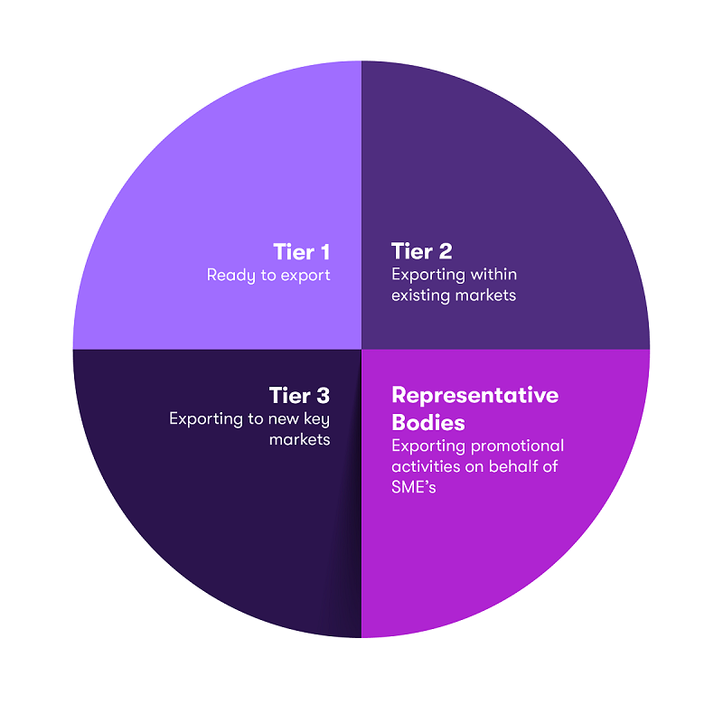 A pie chart illustrating the differences between EMDH tiers. Tier 1: Ready for export. Tier 2: Exporting within existing markets. Tier 3: Exporting to new key markets. Representative bodies: Exporting promotional activities on behalf of SMEs.